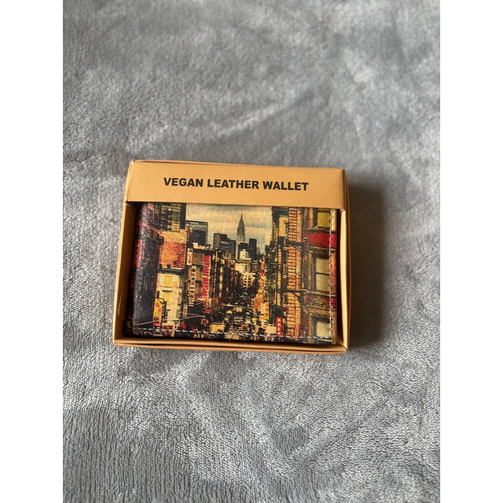 Handcrafted Vegan Leather Bifold Wallet Cityscape Urban Print New in Box